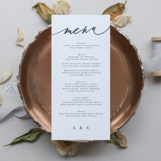 Classic Blue Elegant Navy White Monogram Menu