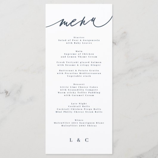 Classic Blue Elegant Navy White Monogram Menu (Voorkant)