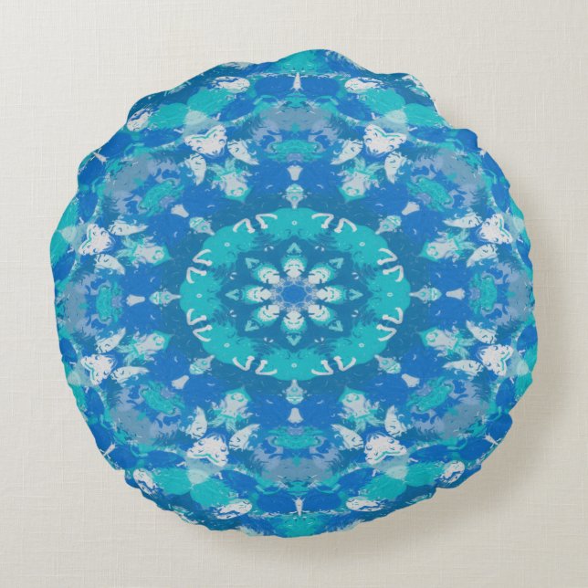 Classic Blue en Turquoise Snowflake Rond Kussen (Achterkant)