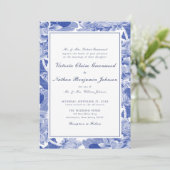 Classic Blue en White Chinoiserie Photo Wedding Kaart (Staand voorkant)