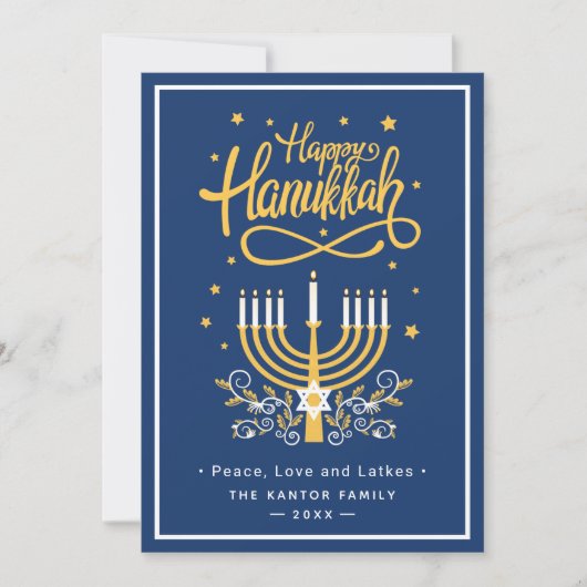 Classic Blue en Yellow Menorah Happy Hanukkah Feestdagenkaart (Voorkant)