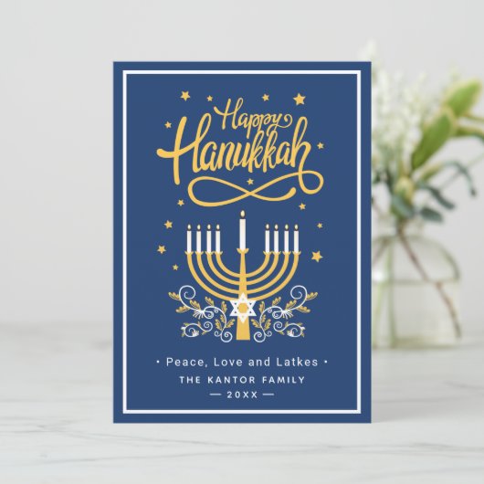 Classic Blue en Yellow Menorah Happy Hanukkah Feestdagenkaart (Staand voorkant)