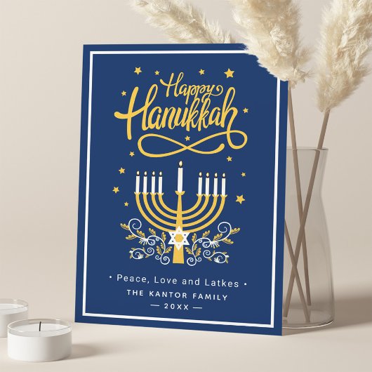 Classic Blue en Yellow Menorah Happy Hanukkah Feestdagenkaart