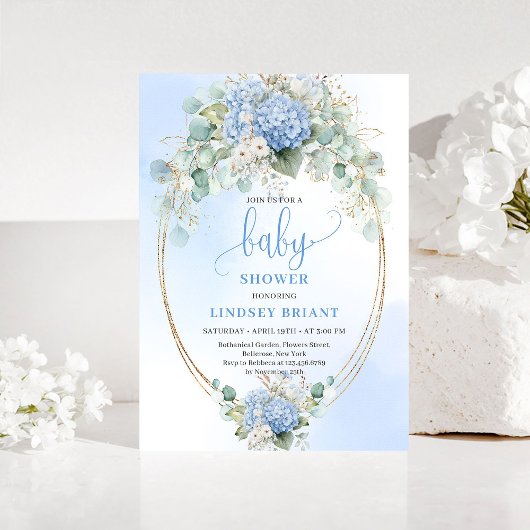 Classic Blue Floral Baby Shower Invitation Gold Kaart