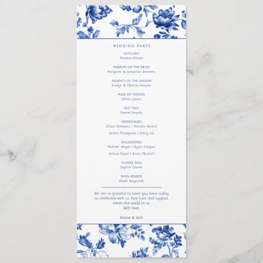 Classic Blue Floral Delfts huwelijksceremonie Programmakaart (Achterkant)