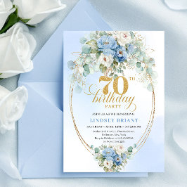 Classic Blue Floral Eucalyptus 70th Birthday Invit Kaart