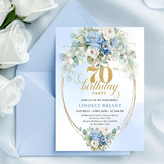 Classic Blue Floral Eucalyptus 70th Birthday Invit Kaart