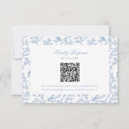 Classic Blue Floral Toile QR code RSVP Kaartje (Voorkant)