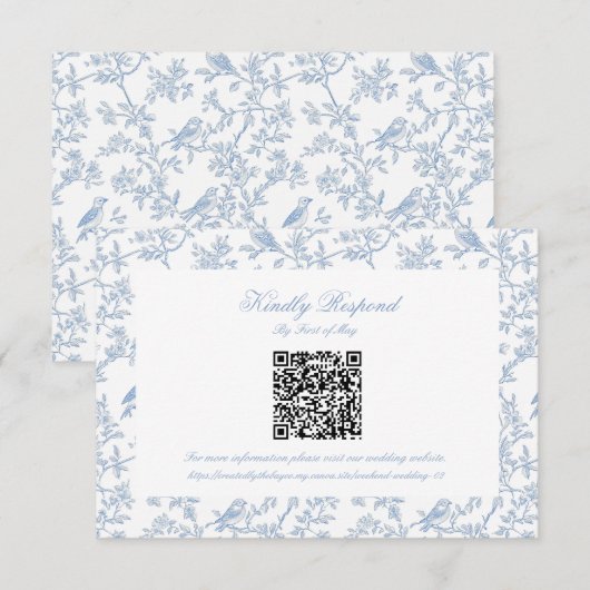 Classic Blue Floral Toile QR code RSVP Kaartje (Voorkant / Achterkant)