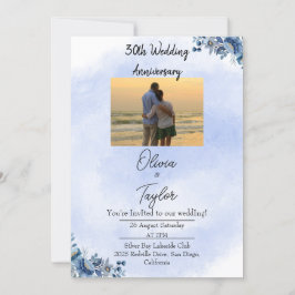 Classic Blue Floral Wedding Anniversary Invitation Kaart