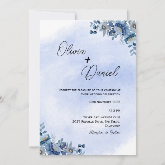 Classic Blue Floral Wedding Invitation Kaart (Voorkant)