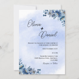 Classic Blue Floral Wedding Invitation Kaart
