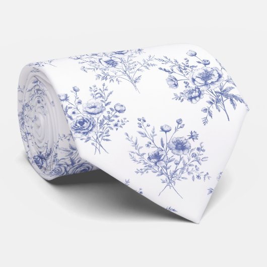 Classic Blue Flowers Pattern French blue toile Stropdas (Opgerold)