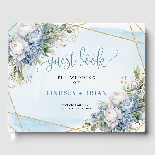 Classic Blue Flowers White Gold Wedding Guest Book Gastenboek (Voorkant)