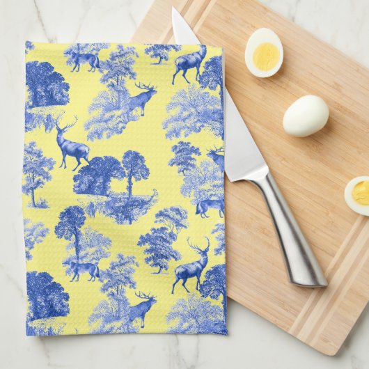 Classic Blue French Toile Deer Forest Pattern Theedoek (Quarter Fold)