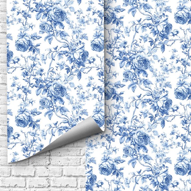 Classic Blue French Toile Roses Floral Wallpaper   Behang (Classic Blue French Toile Roses Floral Wallpaper Design)