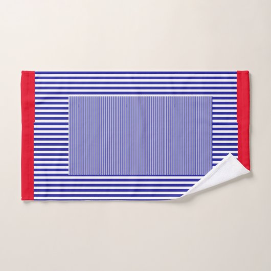CLASSIC BLUE GEOMETRISCH STRIPE RED TRIM BAD HANDDOEK (Handdoek)