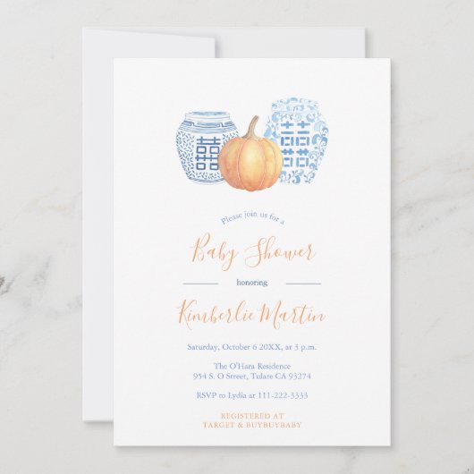 Classic Blue Ginger Jars Pumpkin Baby shower Party Kaart (Voorkant)