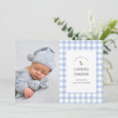 Classic Blue Gingham Baby Boy 2 Foto Geboorte Aankondiging (Staand voorkant)