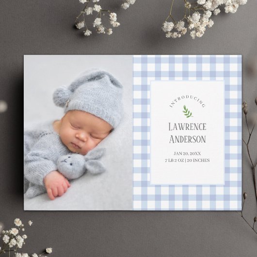 Classic Blue Gingham Baby Boy 2 Foto Geboorte Aankondiging