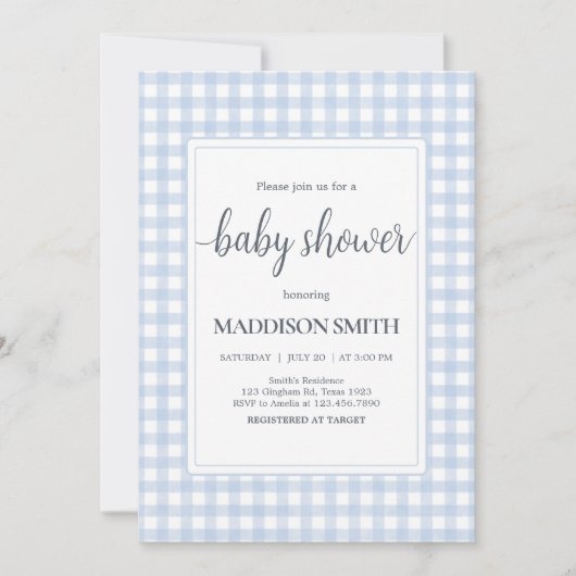 Classic Blue Gingham Baby shower Kaart (Voorkant)