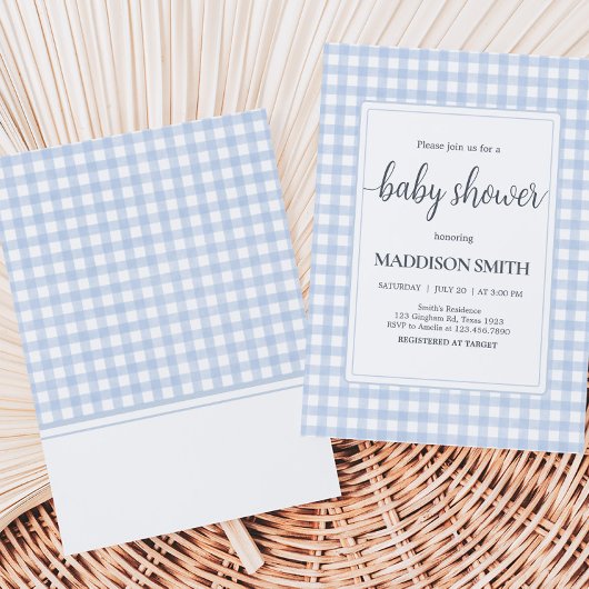 Classic Blue Gingham Baby shower Kaart
