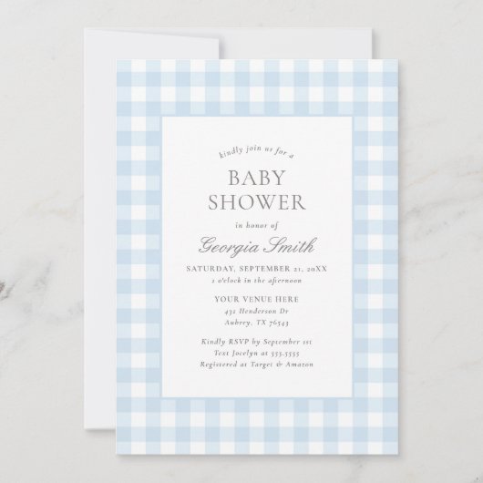 Classic Blue Gingham Boy Baby shower Kaart (Voorkant)
