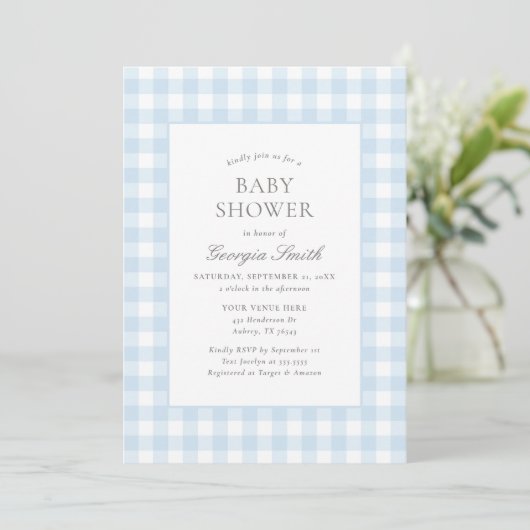 Classic Blue Gingham Boy Baby shower Kaart (Staand voorkant)