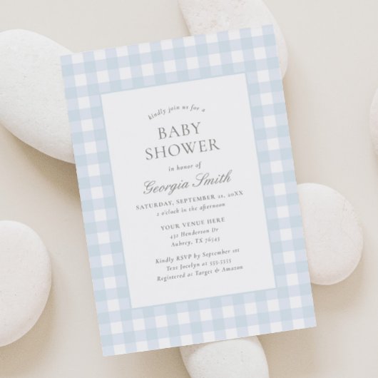 Classic Blue Gingham Boy Baby shower Kaart