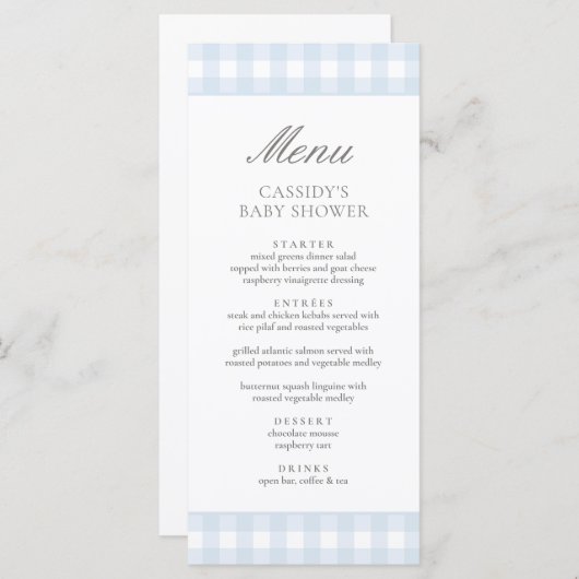 Classic Blue Gingham Boy Baby shower Menu (Voorkant / Achterkant)