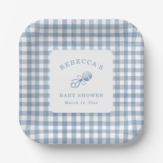Classic Blue Gingham Boy Baby shower Papieren Bordje (Voorkant)
