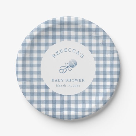 Classic Blue Gingham Boy Baby shower Papieren Bordje (Voorkant)