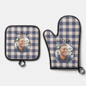 Classic Blue Gingham Plaid Custom Name & Photo Ovenwant & Pannenlap Set (Voorkant)