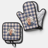 Classic Blue Gingham Plaid Custom Name & Photo Ovenwant & Pannenlap Set (Voorkant / Achterkant)