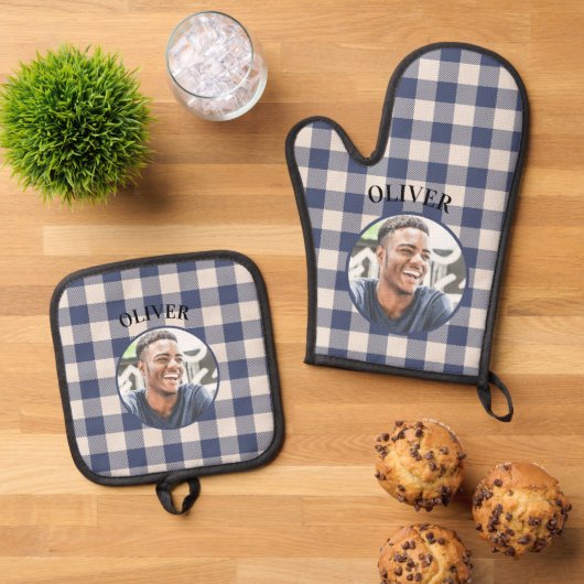 Classic Blue Gingham Plaid Custom Name & Photo Ovenwant & Pannenlap Set (Top down)