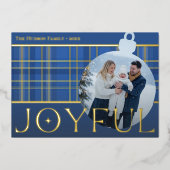 Classic Blue Gold Plaid Joyful Bulb Photo Folie Feestdagenkaart (Voorkant)