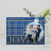 Classic Blue Gold Plaid Joyful Bulb Photo Folie Feestdagenkaart (Staand Voorkant)