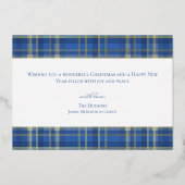 Classic Blue Gold Plaid Joyful Bulb Photo Folie Feestdagenkaart (Achterkant)
