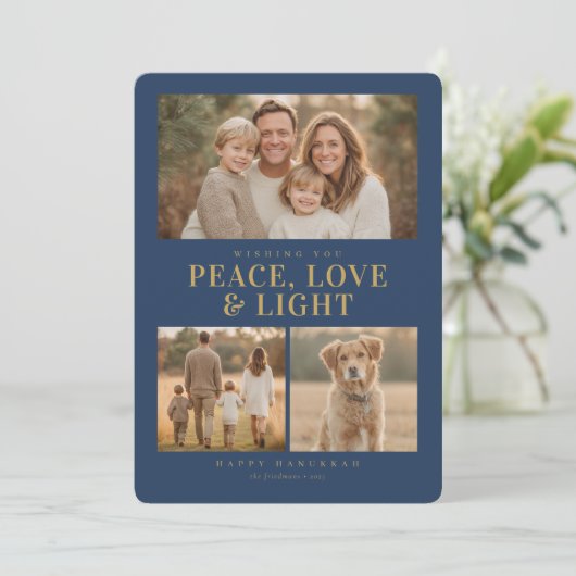 Classic Blue Hanukkah Peace & Light Photo Collage Feestdagenkaart (Staand voorkant)