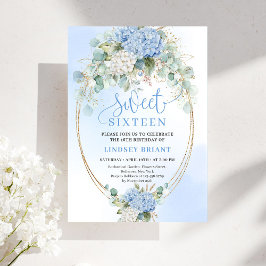 Classic Blue Hydrangea Gold Floral Sweet Sixteen Kaart