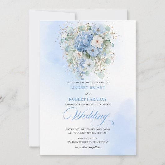 Classic Blue Hydrangea Gold Floral Wedding Invite Kaart (Voorkant)
