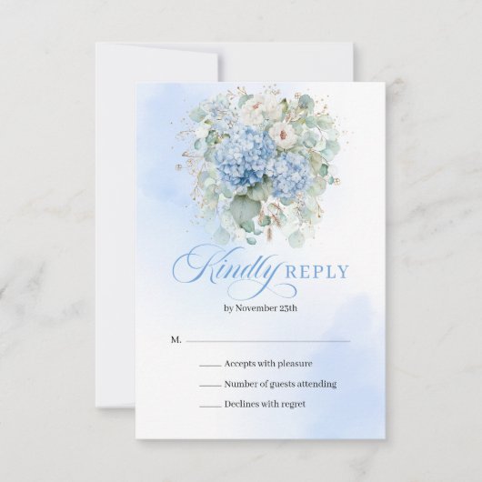 Classic Blue Hydrangea Gold Wedding Enclosure RSVP Kaartje (Voorkant)