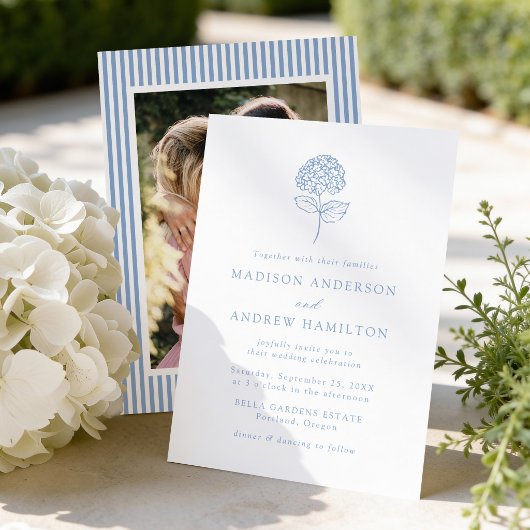 Classic Blue Hydrangea Photo Wedding Kaart