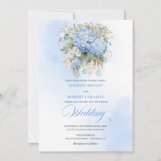 Classic Blue Hydrangea Watercolor Wedding Invitе Kaart (Voorkant)
