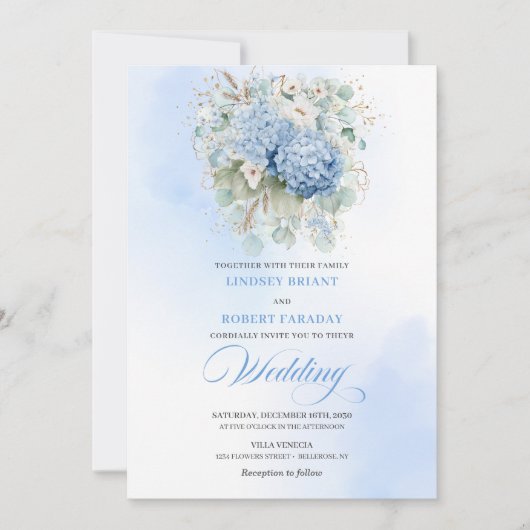 Classic Blue Hydrangea Watercolor Wedding Invite Kaart (Voorkant)