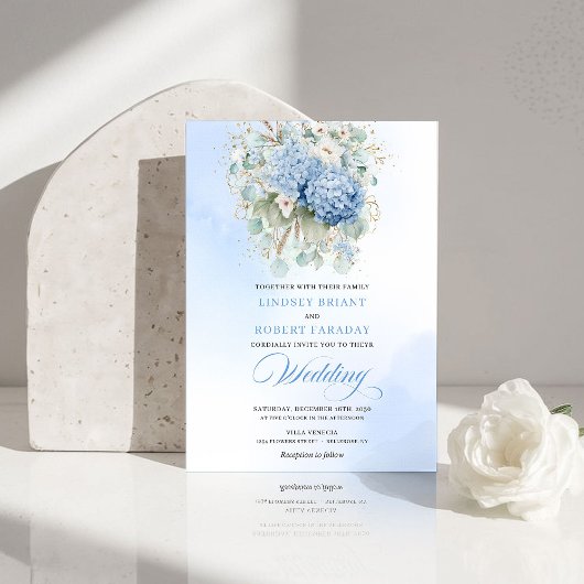Classic Blue Hydrangea Watercolor Wedding Invite Kaart