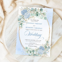 Classic Blue Hydrangea Wheat Gold Wedding Invite Kaart