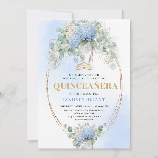 Classic Blue Hydrangeas Eucalyptus Quince Invite Kaart (Voorkant)