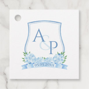 Classic Blue Hydrangeas Monogram Weddenschap Crest Bedankjes Labels