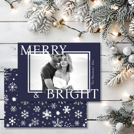 Classic Blue Merry & Bright Bold Snowflake Photo Feestdagenkaart